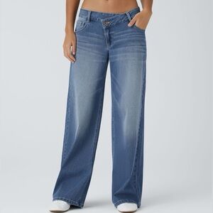 Asymmetric low rise baggy wide leg flex denim